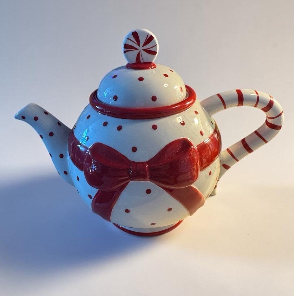 Harry & David holiday peppermint teapot Retired